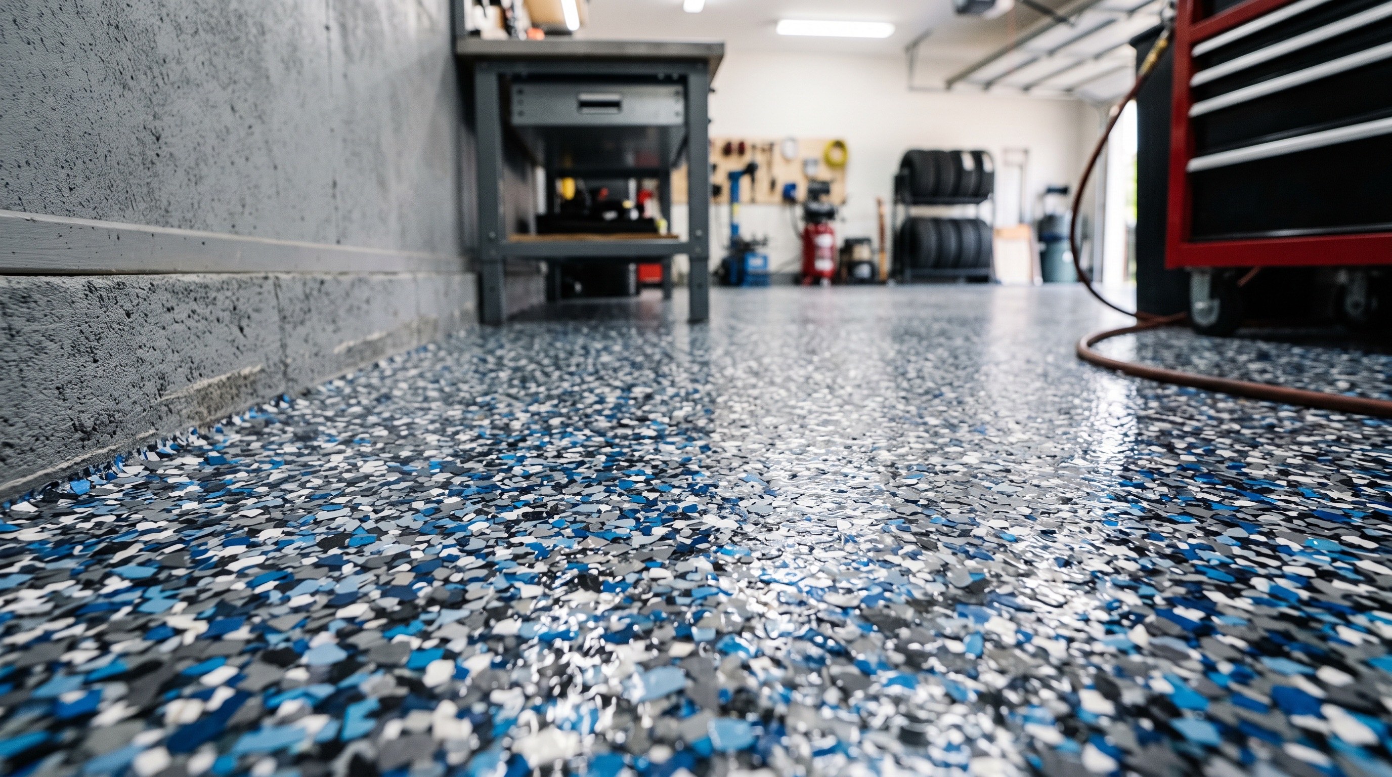 Epoxy flake flooring Nashville chip sizes colors one-day installation