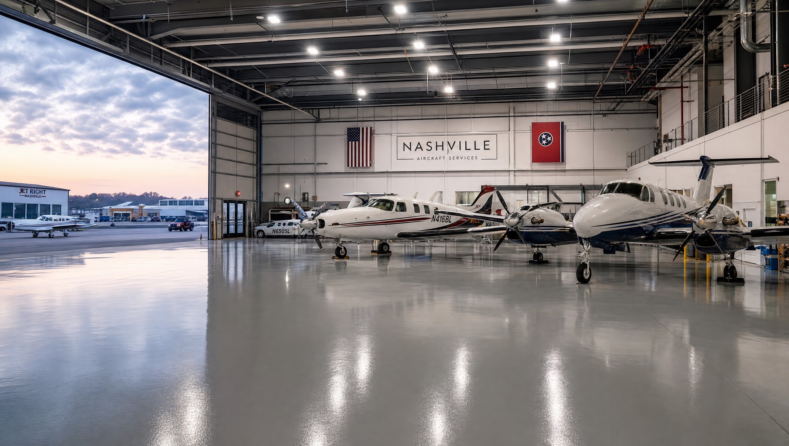 Large Nashville aircraft hangar with static-dissipative epoxy floor and propeller aircraft parked inside