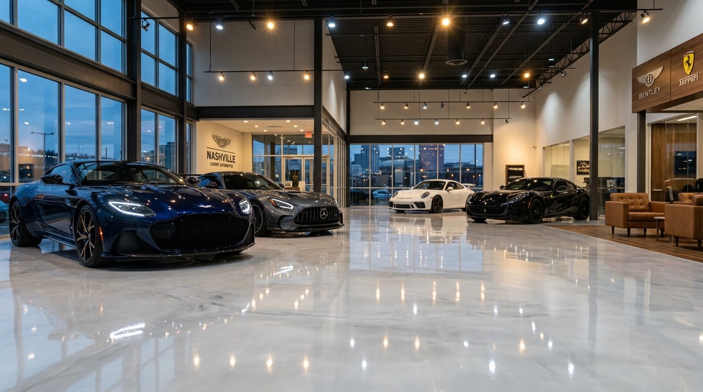 Luxury Nashville automotive dealership showroom with glossy epoxy floor reflecting vehicles