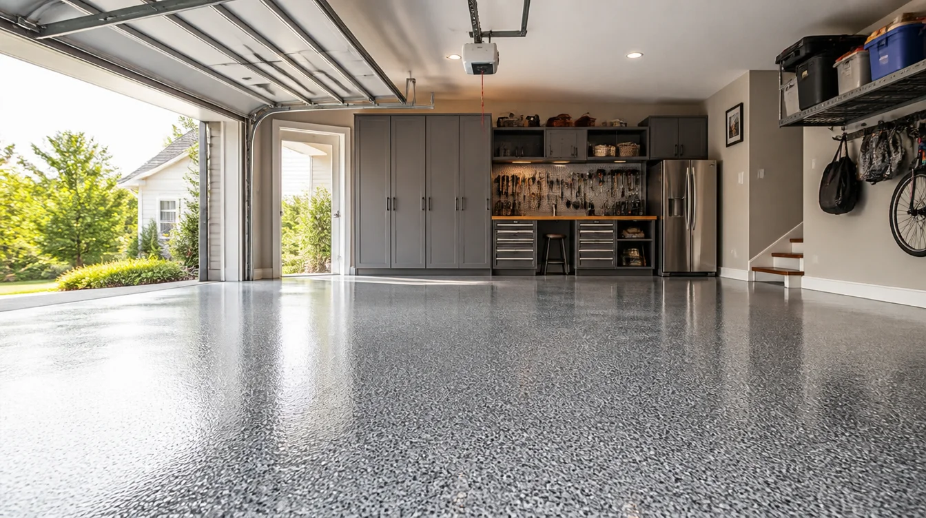Beautiful finished Nashville garage with glossy grey flake epoxy floor and organized storage