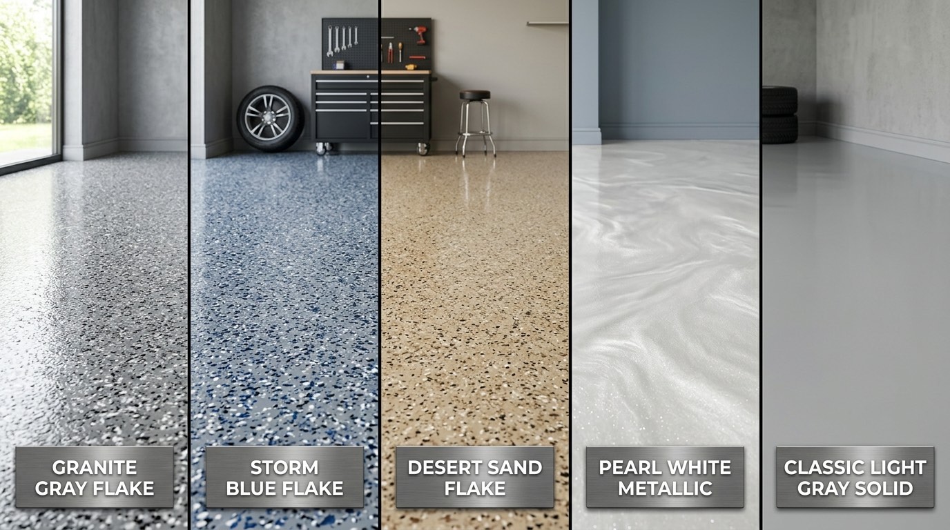Five-panel epoxy color sample boards displayed in showroom row side-by-side granite gray storm blue desert sand silver cloud midnight black flake blends Nashville garage floor colors 2026