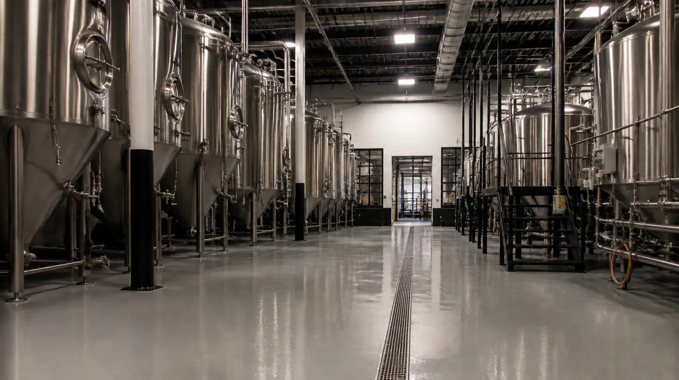 Nashville brewery production floor with seamless epoxy coating and stainless steel brewing tanks