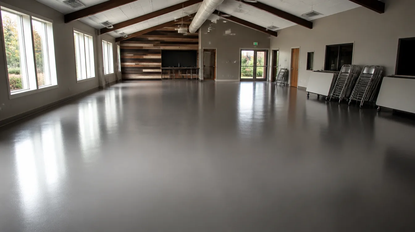 Nashville church fellowship hall with clean seamless grey epoxy floor and folding tables stacked along the wall
