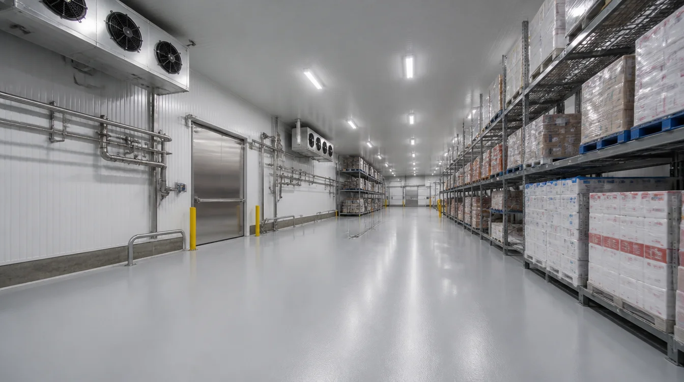 Nashville cold storage food processing facility with seamless light grey epoxy floor, stainless steel racking, and refrigeration piping