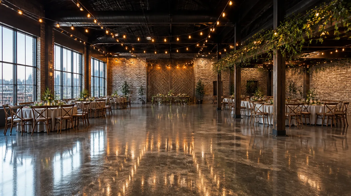 Elegant Nashville event venue interior with glossy metallic epoxy floor reflecting string lights, set up for a wedding reception