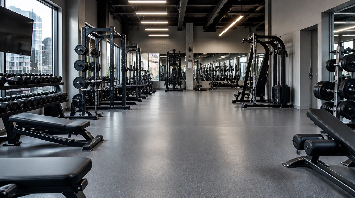 Modern Nashville fitness center weight room with durable grey epoxy floor and free weight racks