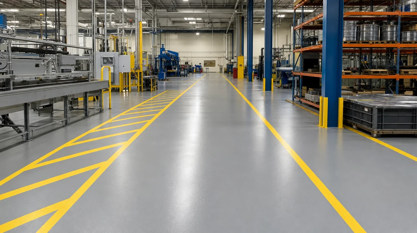 Nashville manufacturing plant floor with heavy-duty grey epoxy coating and yellow forklift safety lane markings