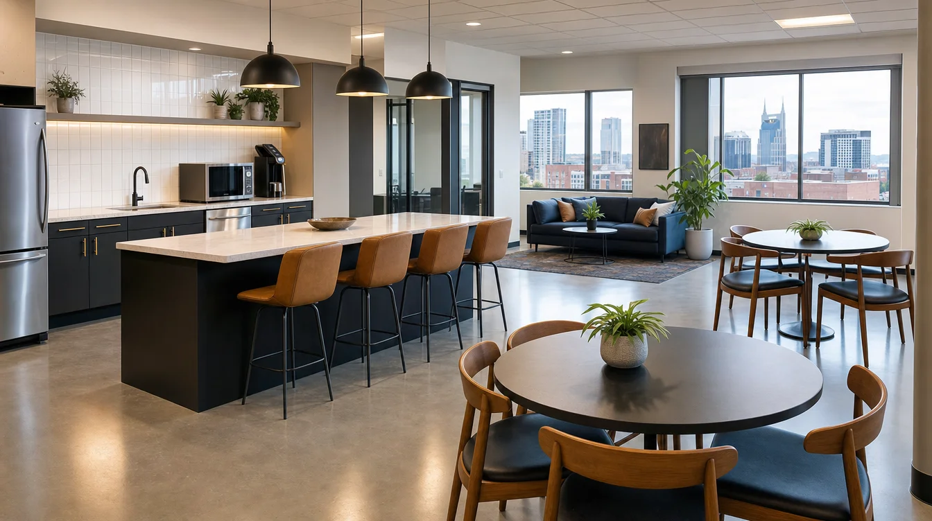 Modern Nashville office break room with sleek grey epoxy floor and city skyline view
