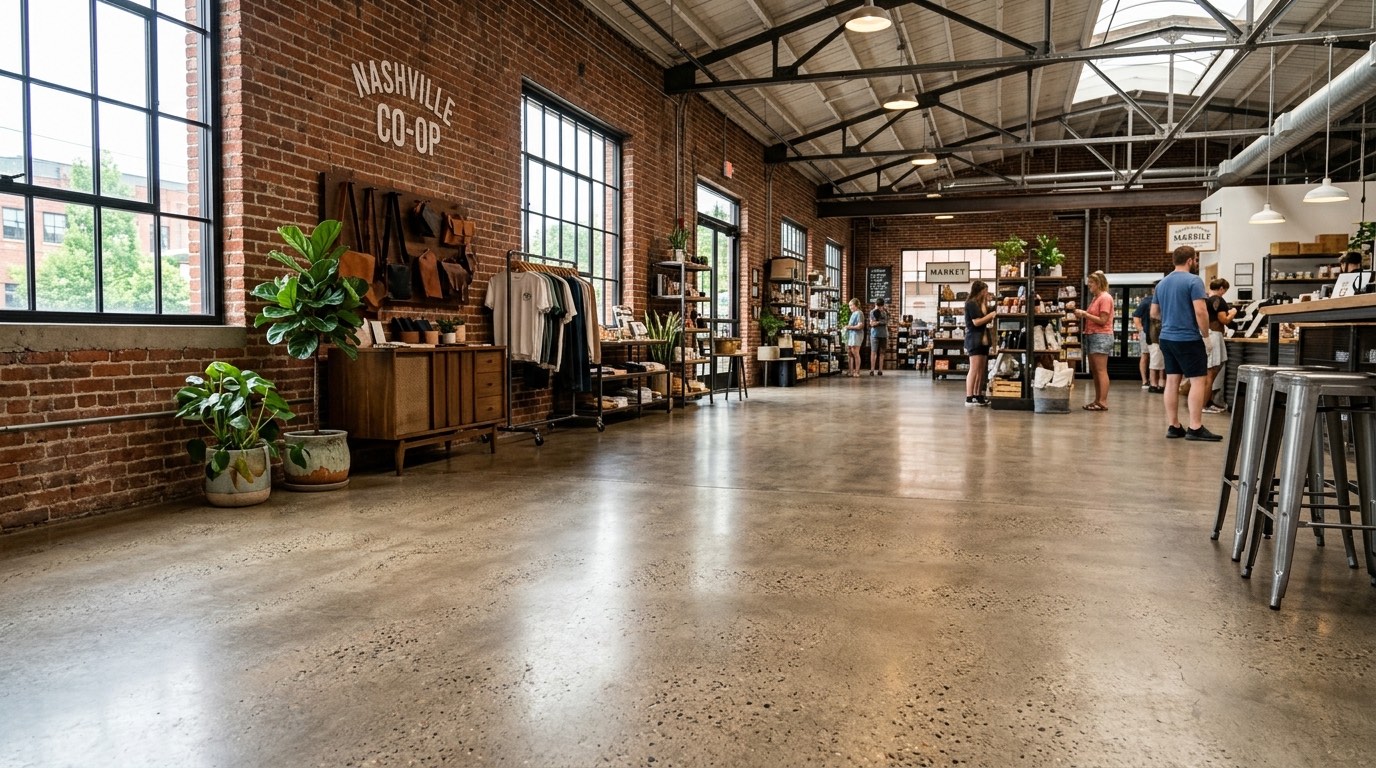 Nashville industrial retail space with freshly ground and sealed concrete floor natural aggregate texture satin finish exposed brick walls open warehouse aesthetic