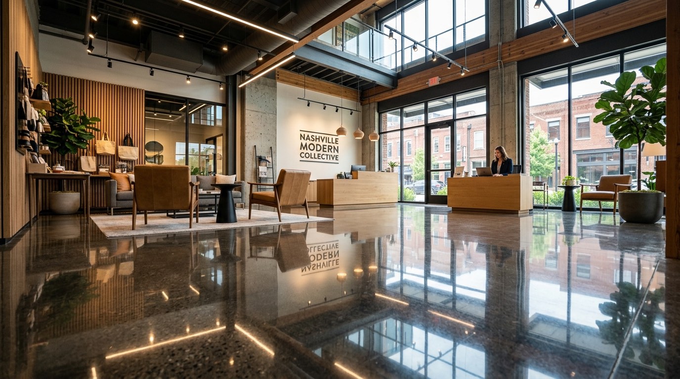 Mirror-finish polished concrete floor Nashville retail showroom 1500-grit high-gloss
