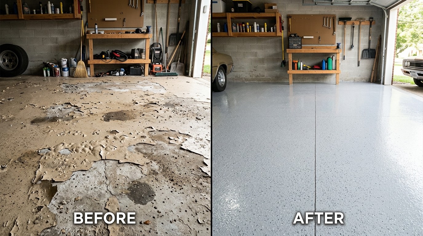 Before-and-after Nashville garage epoxy floor repair left peeling delaminating right freshly recoated smooth grey