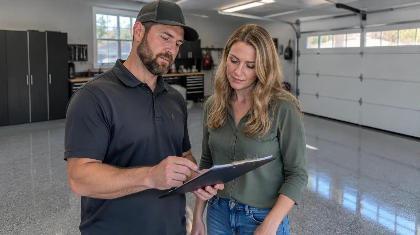 Nashville homeowner and contractor reviewing an epoxy flooring estimate in a garage