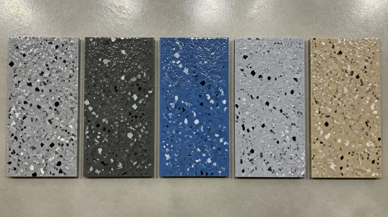 Five epoxy flake color sample boards arranged side by side including granite gray, charcoal, storm blue, silver metallic and desert sand