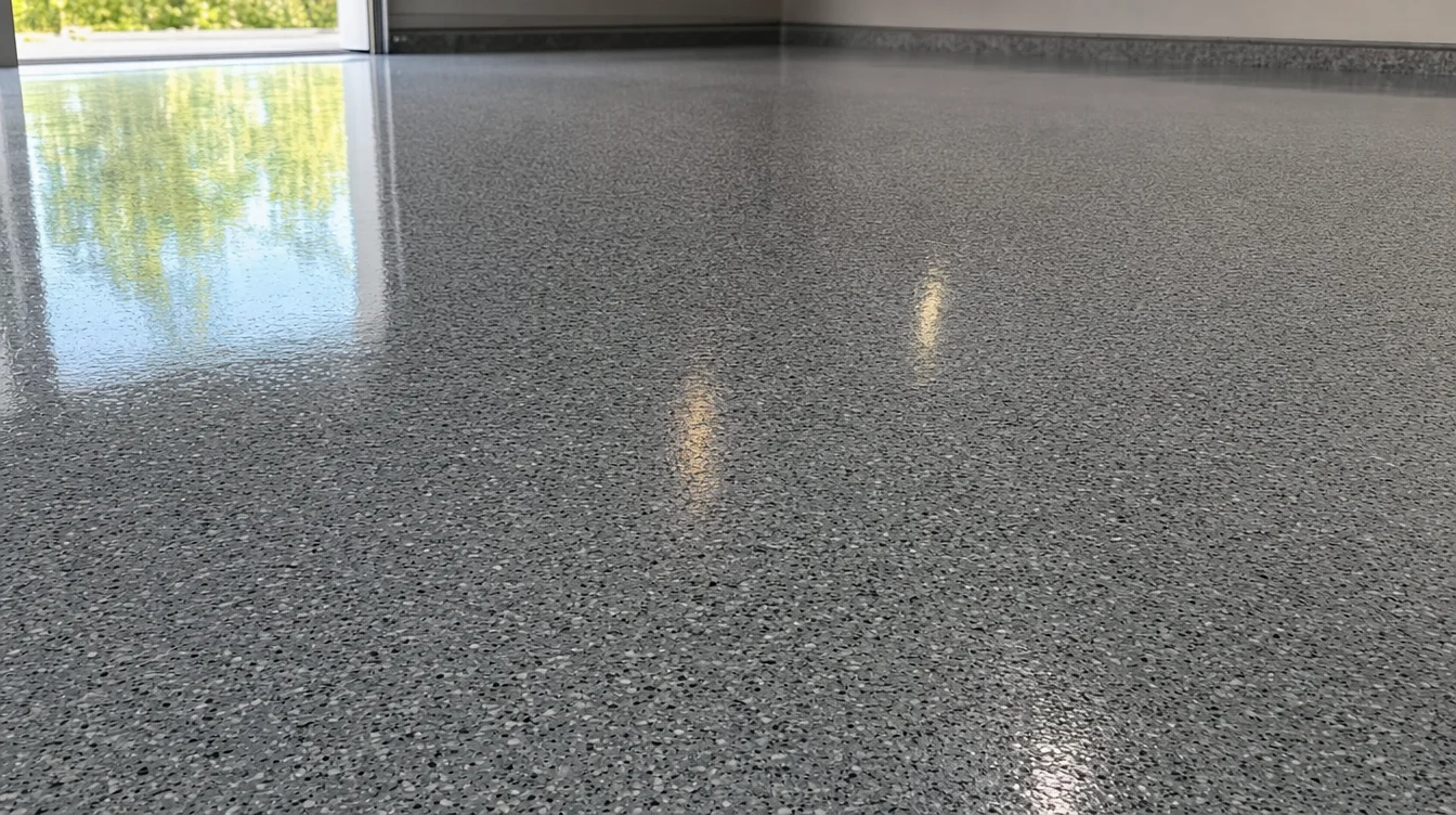 Close-up of a glossy Nashville garage epoxy floor with granite-gray flake finish reflecting light