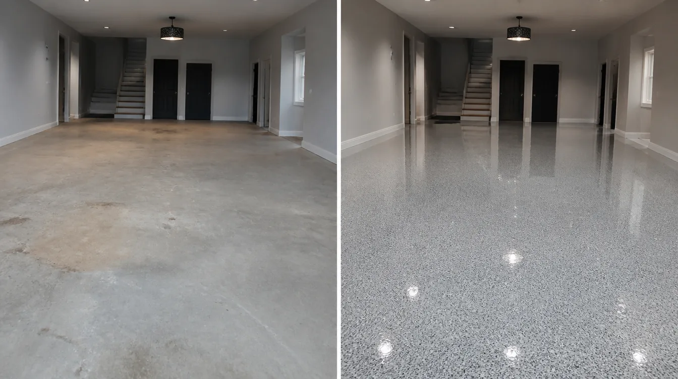 Before and after split shot of a Nashville property floor showing bare concrete transformed into glossy finished epoxy