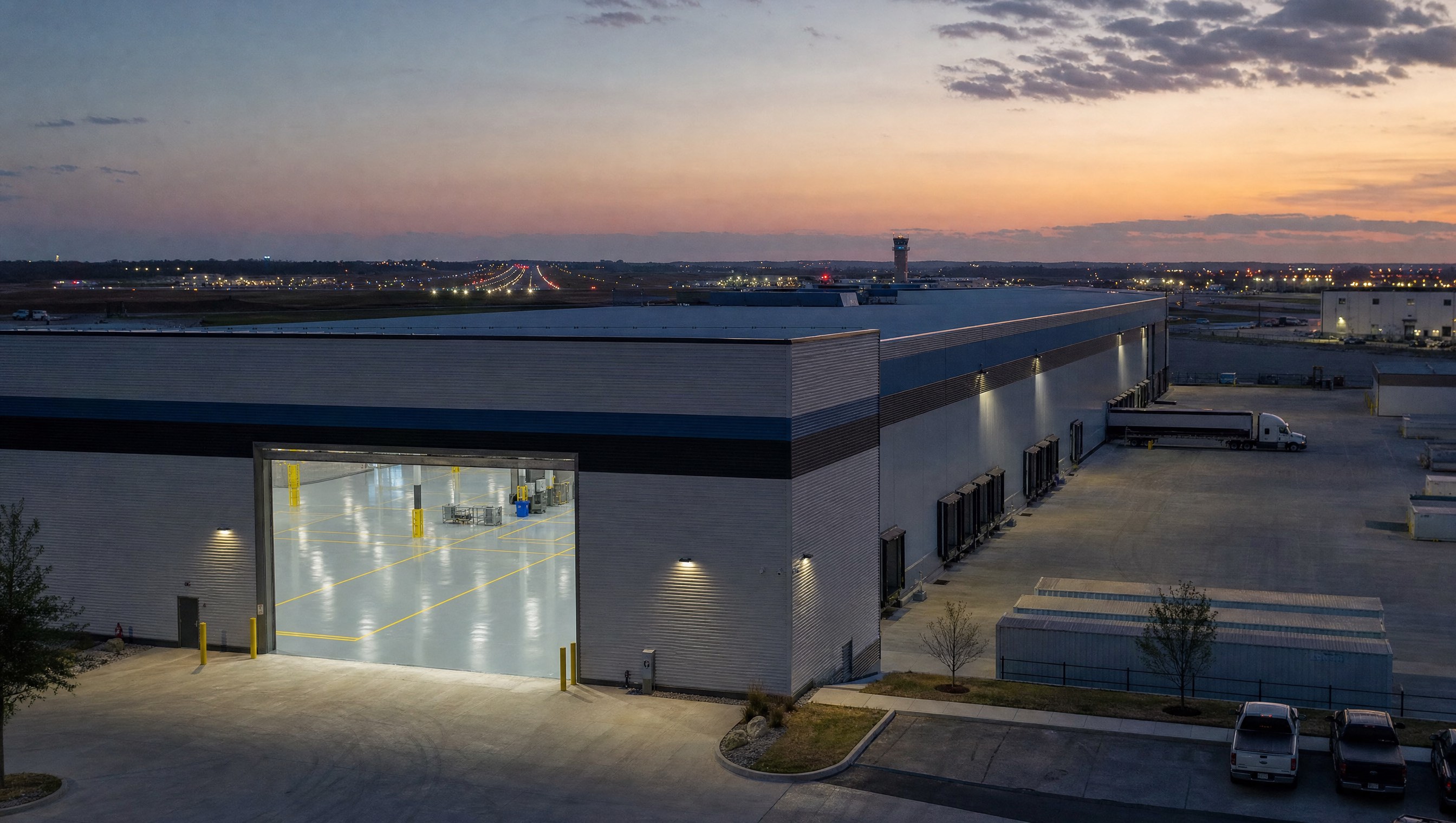 Smyrna Tennessee industrial facility at dusk with epoxy floor visible through open warehouse door
