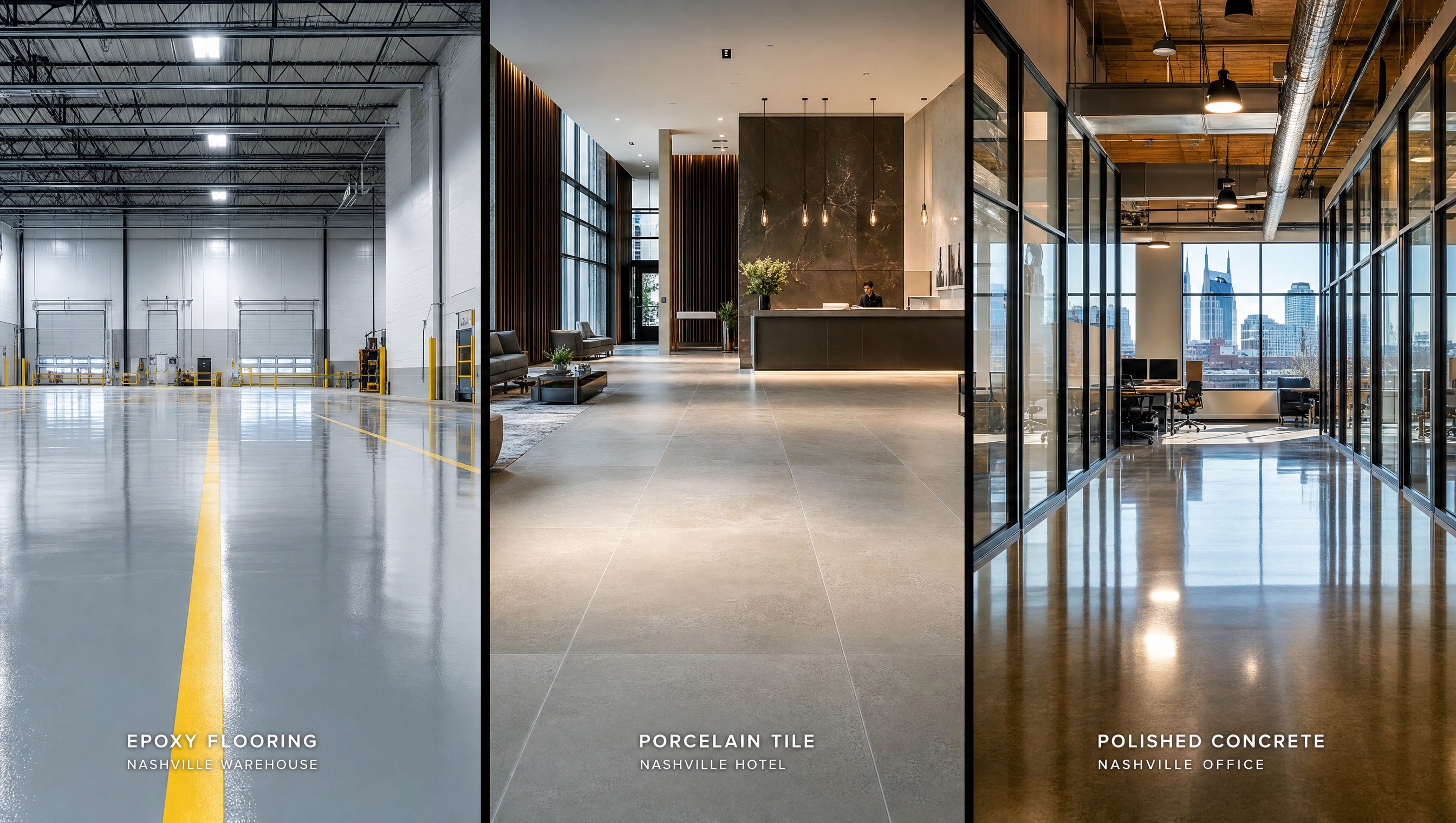 Three-panel comparison of Nashville commercial floors showing epoxy warehouse, tile hotel lobby, and polished concrete office
