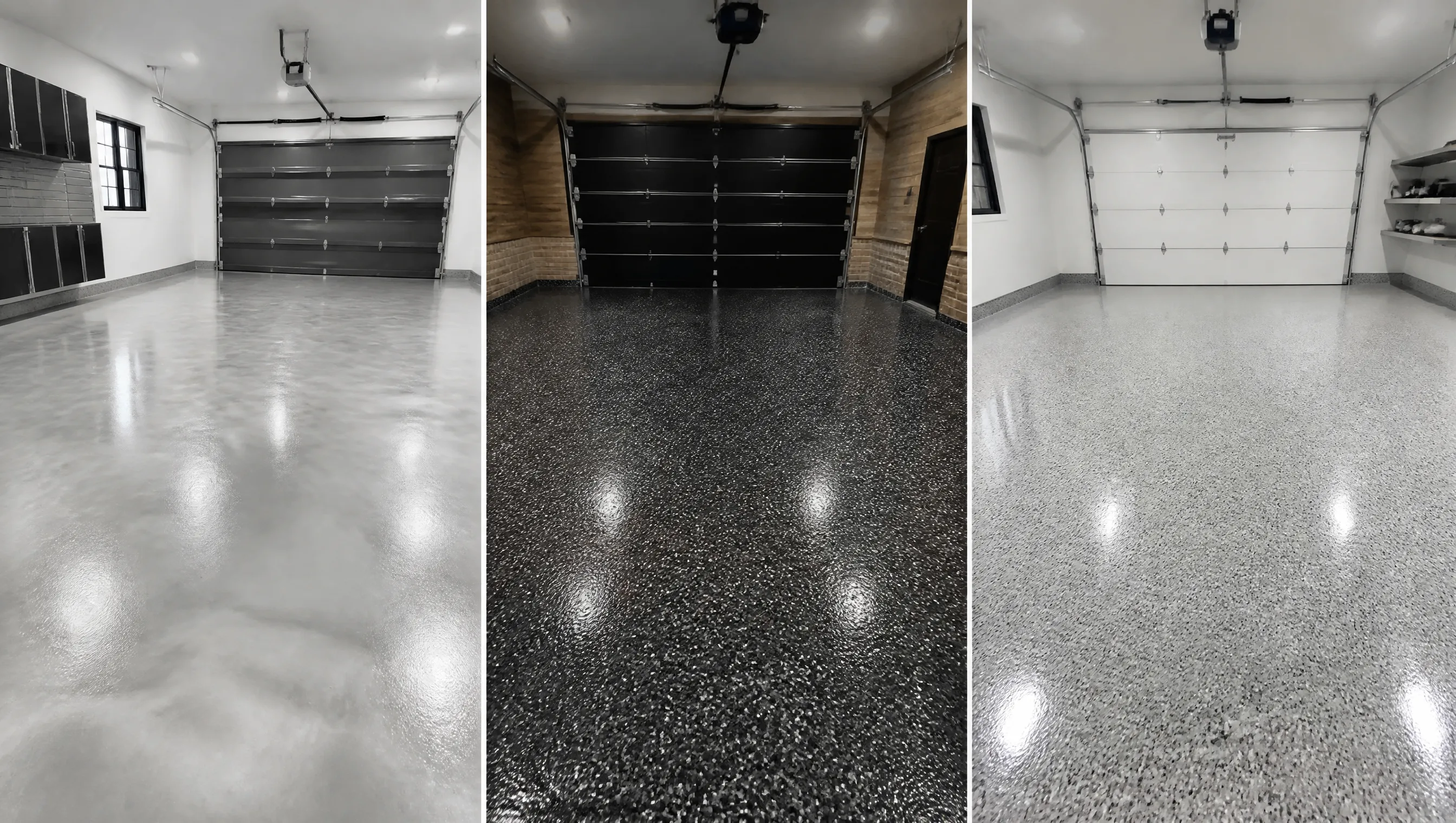 Triptych of three Nashville garage floors showing premium metallic silver, bold charcoal dark flake, and neutral granite gray finishes