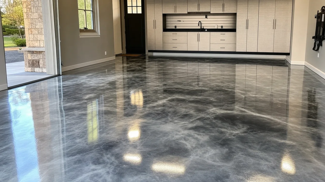 Premium Nashville garage with metallic marble epoxy floor reflecting overhead lighting