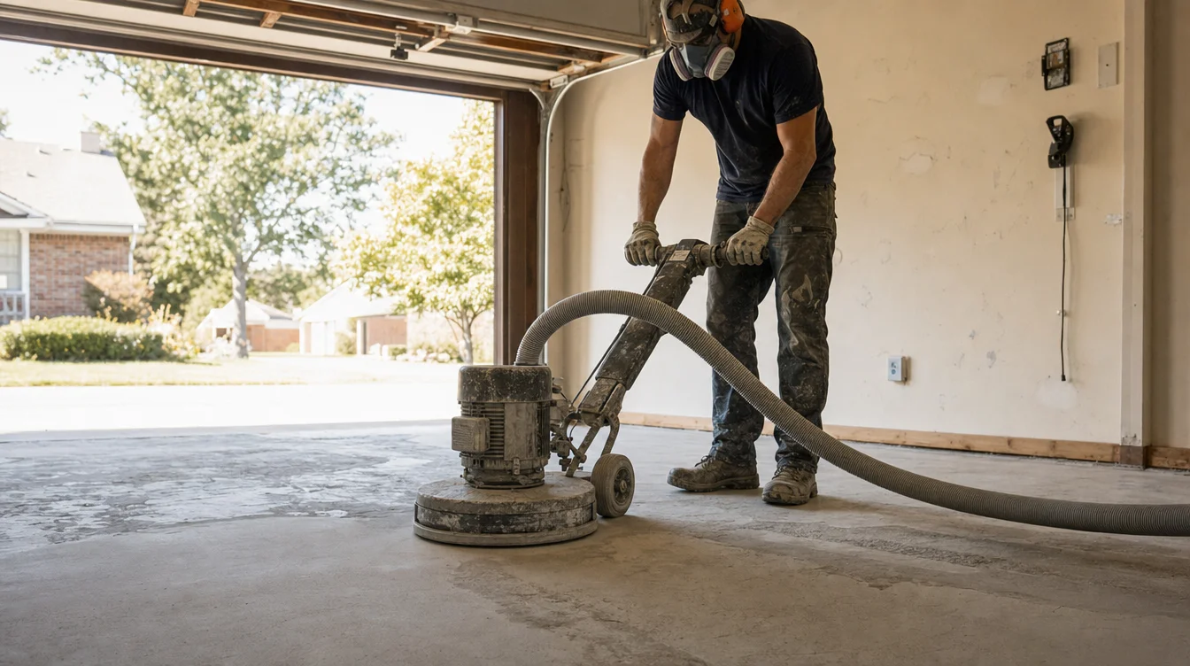 Worker using a diamond grinder with dust extraction on a bare Nashville garage concrete floor