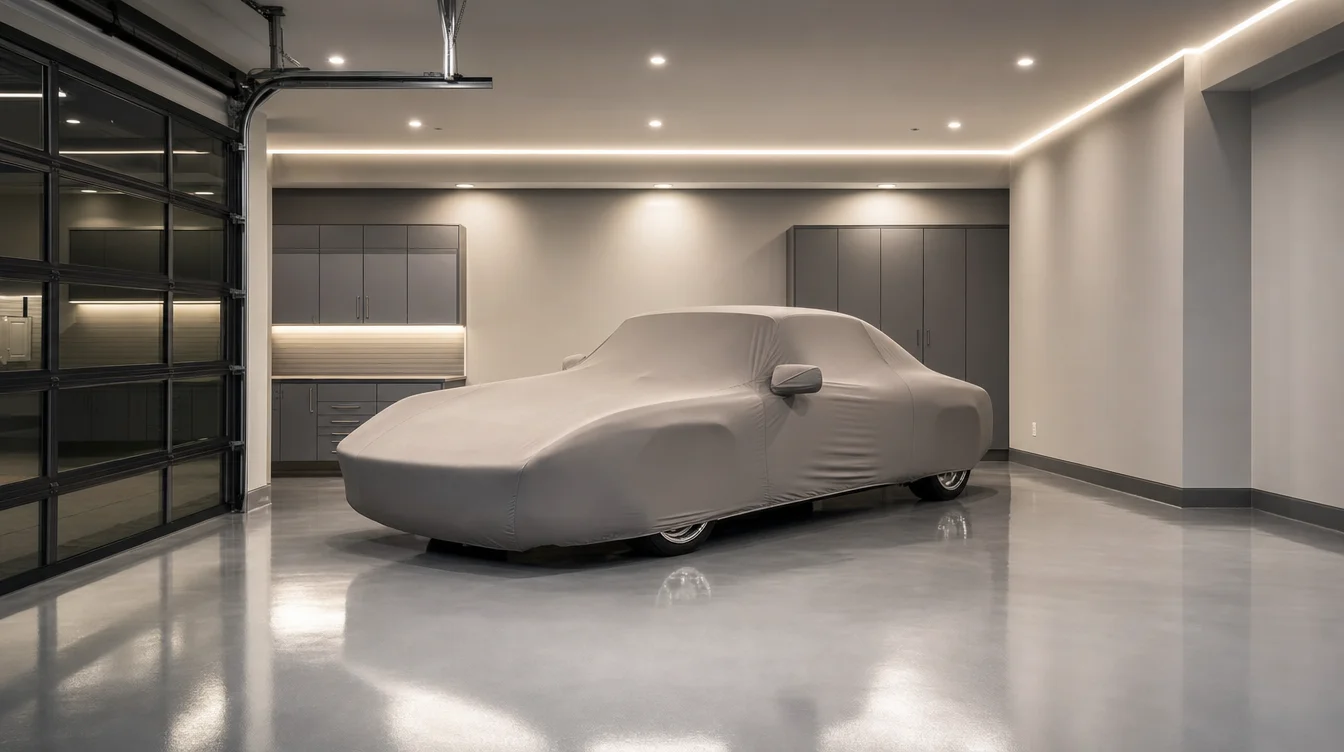 Premium Nashville collector garage with high-gloss metallic epoxy floor and a covered classic car under showroom lighting