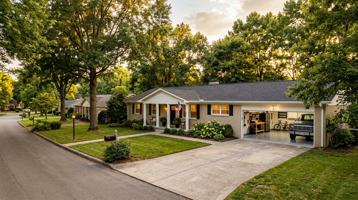 Classic ranch-style home in Goodlettsville Tennessee with open two-car garage showing freshly epoxy-coated grey floor north Nashville suburban neighborhood late afternoon sunlight