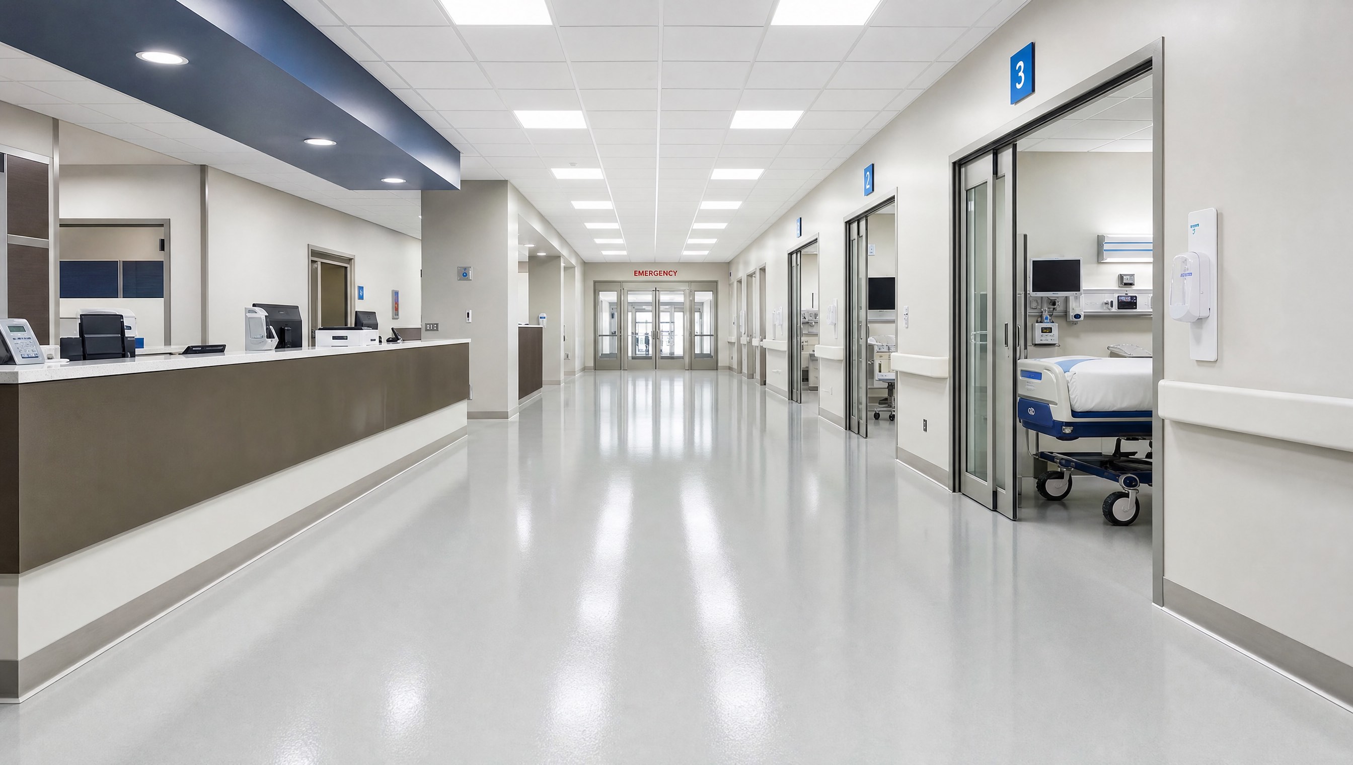 Seamless antimicrobial healthcare epoxy flooring in Nashville hospital corridor