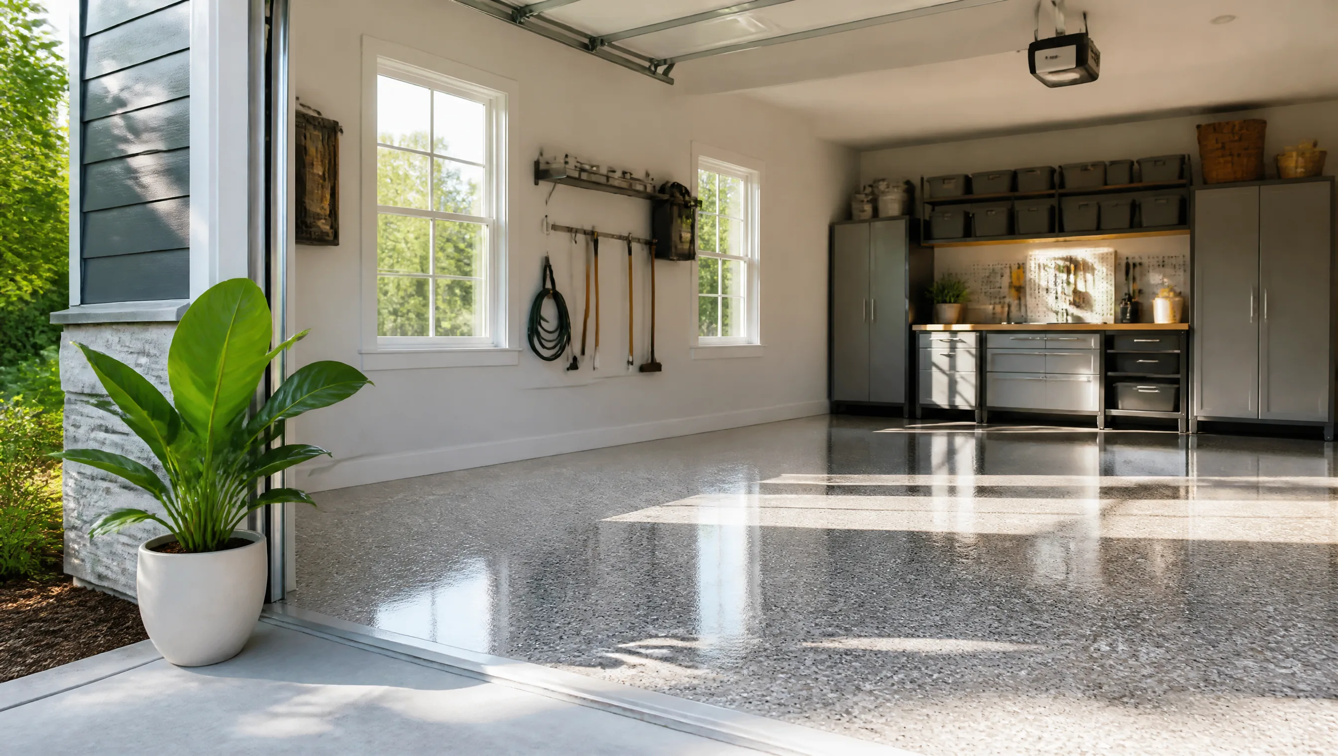 Bright Nashville garage with freshly finished epoxy floor, sunlight streaming in, potted plant near entrance
