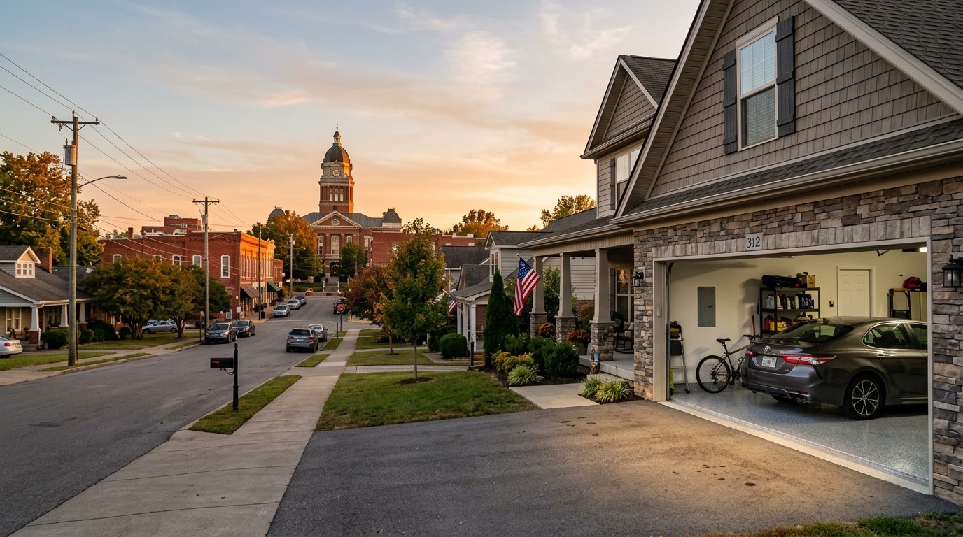 Lebanon Tennessee golden hour exterior view with modern garage showing freshly installed grey epoxy flake floor Wilson County courthouse visible in background