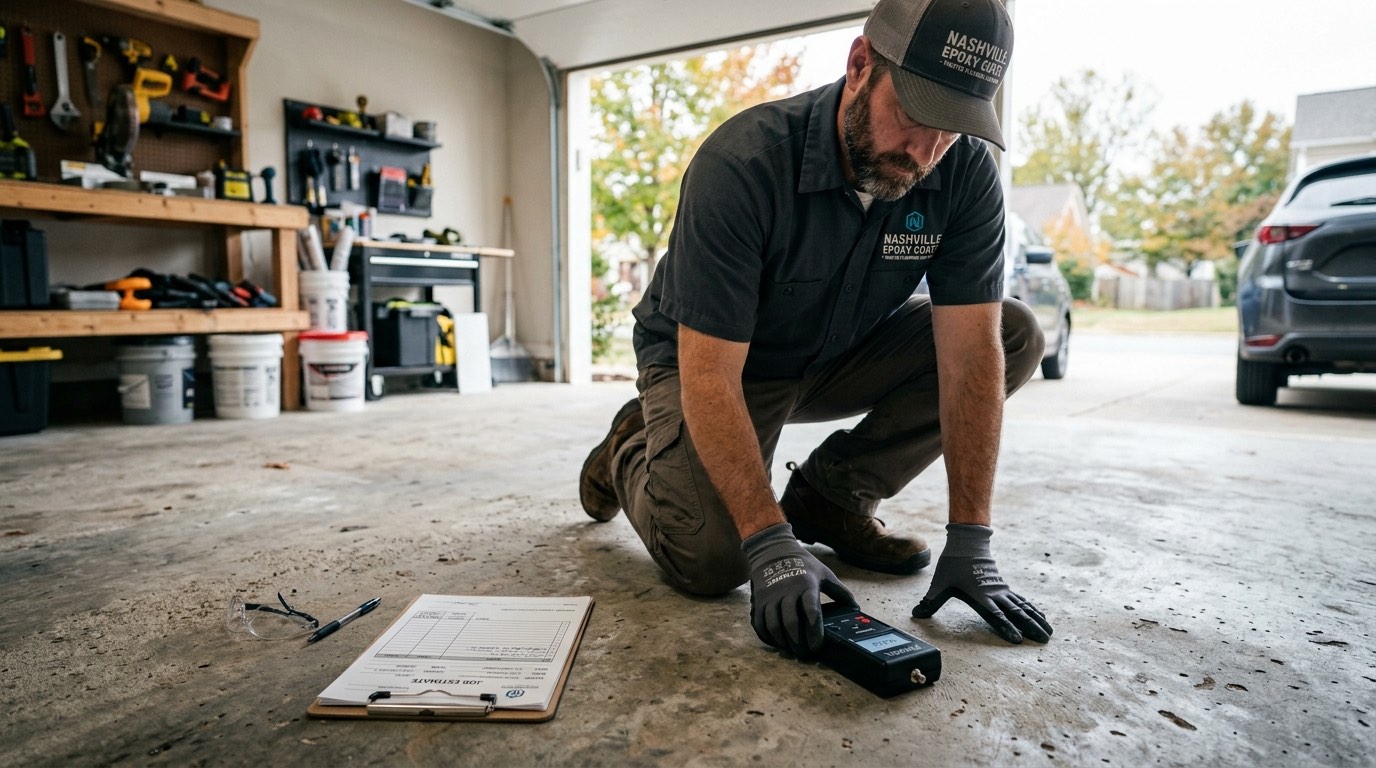 Professional epoxy flooring contractor examining Nashville garage concrete with moisture testing equipment before installation
