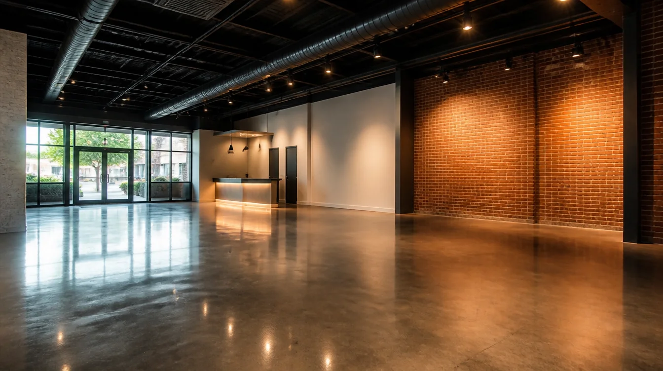 High-gloss polished concrete floor in a Nashville commercial space under warm interior lighting