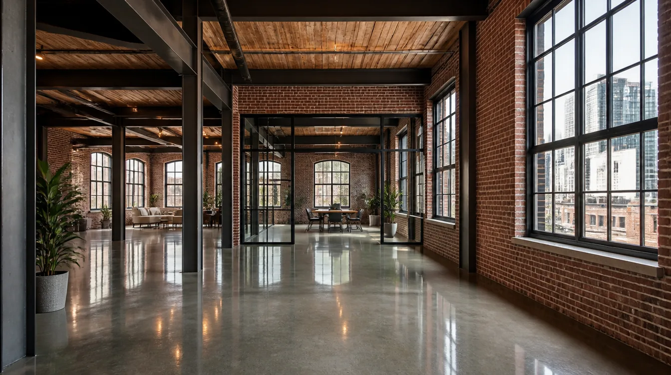Renovated historic downtown Nashville brick warehouse with polished concrete floor reflecting exposed brick and steel beams