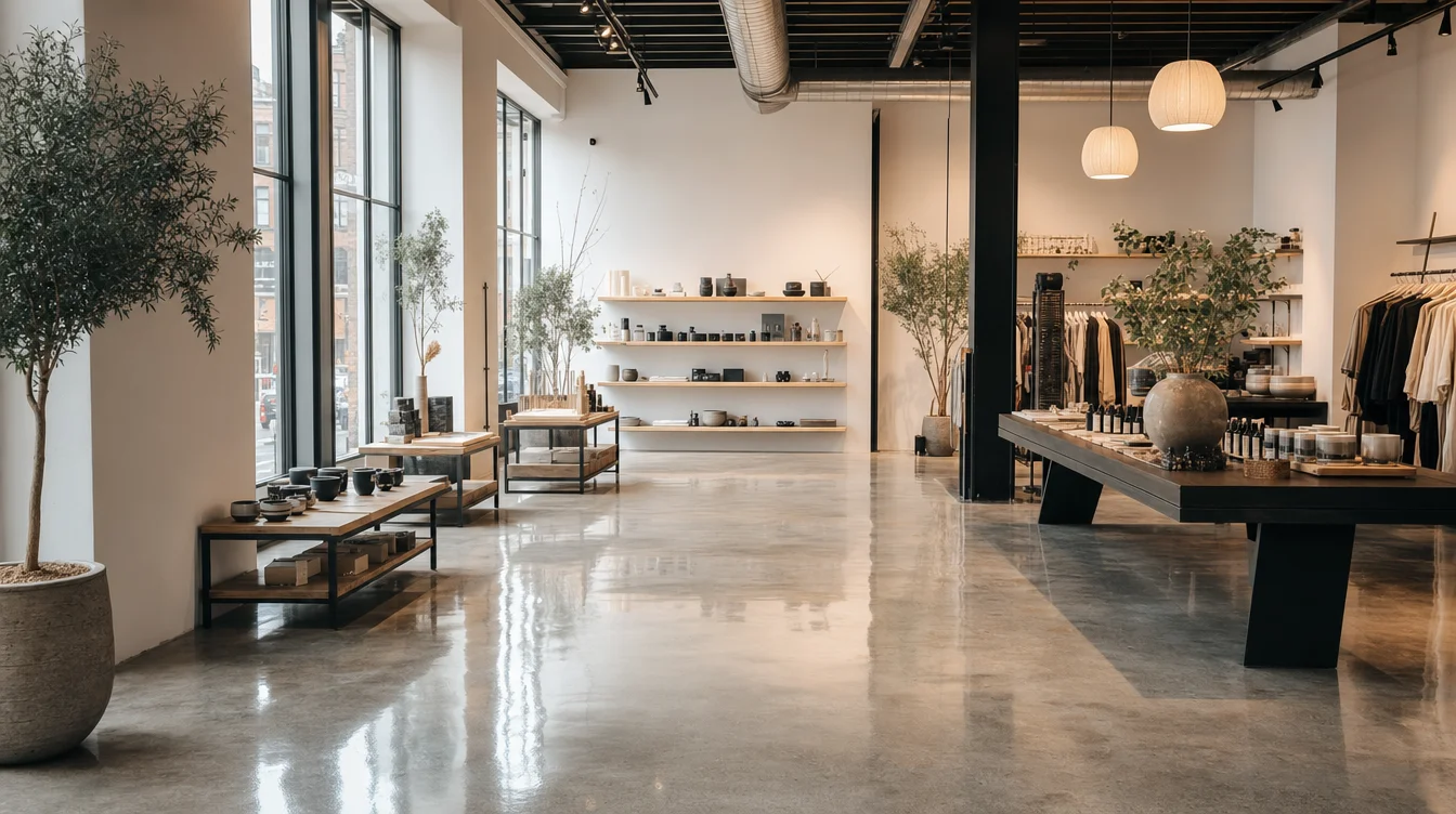 Modern Nashville boutique retail store with mirror-finish polished concrete floor reflecting natural light