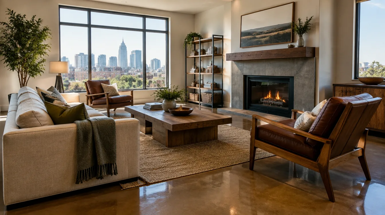Nashville living room with warm polished concrete floor over a radiant heat system
