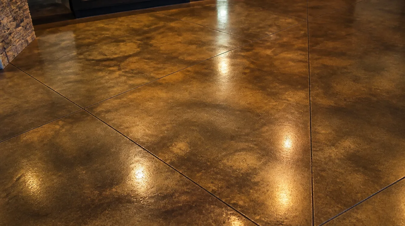 Nashville polished concrete floor with mottled earth-tone acid stain finish and decorative saw-cut pattern lines