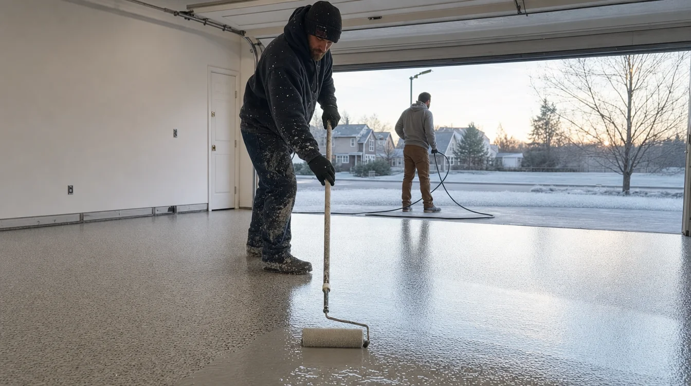 Installation crew applying polyaspartic coating to a Nashville garage floor on a frosty winter morning