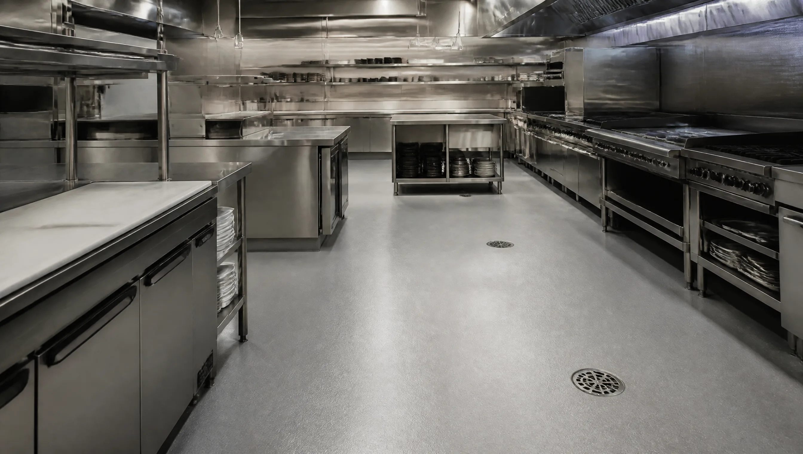 Professional Nashville restaurant commercial kitchen with seamless light grey polyaspartic floor coating