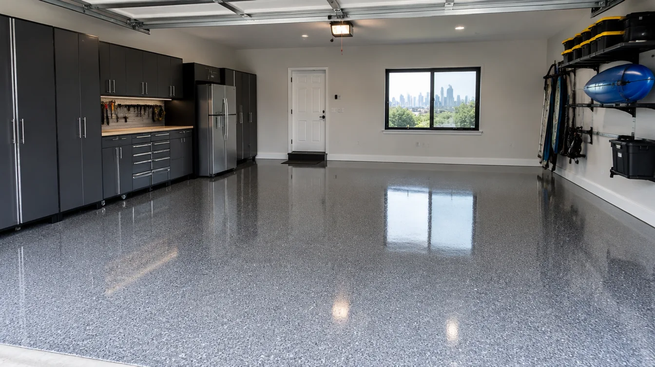 Finished Nashville garage floor with premium polyaspartic gray flake topcoat