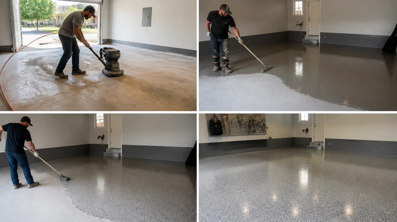Four-panel sequence showing a Nashville garage floor polyaspartic installation from morning prep to finished glossy floor
