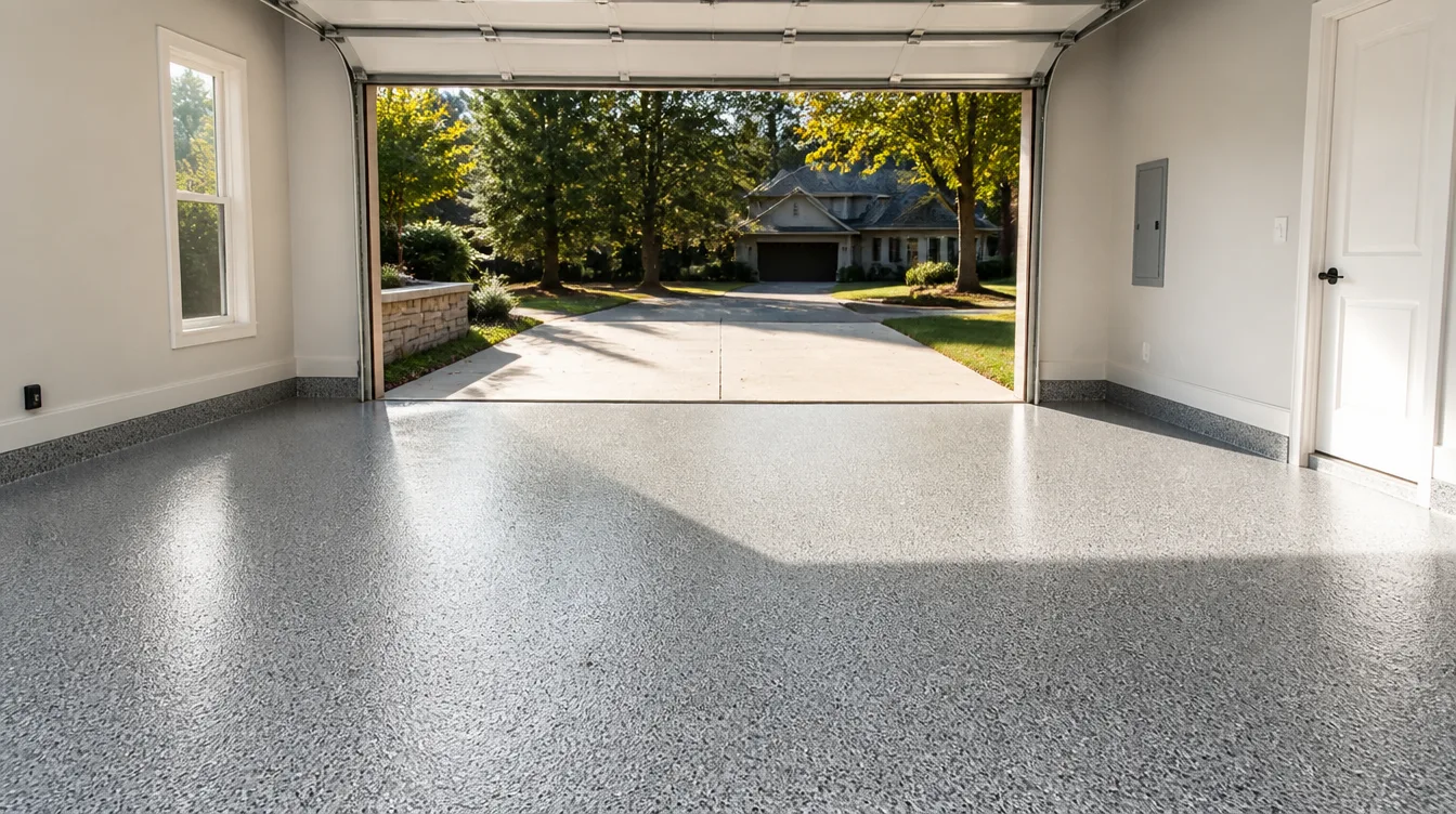 Sun-drenched Nashville garage with polyaspartic-coated floor holding its true grey color under direct sunlight