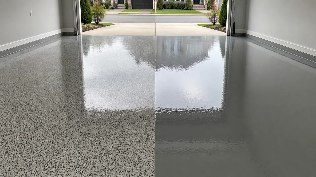 Split-composition Nashville garage floor comparing standard epoxy finish on the left and high-gloss polyaspartic finish on the right