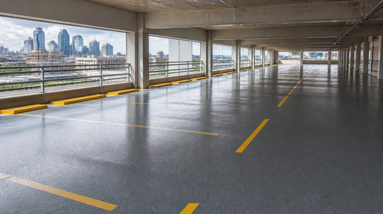 Nashville parking garage deck with glossy waterproof coating and yellow safety striping