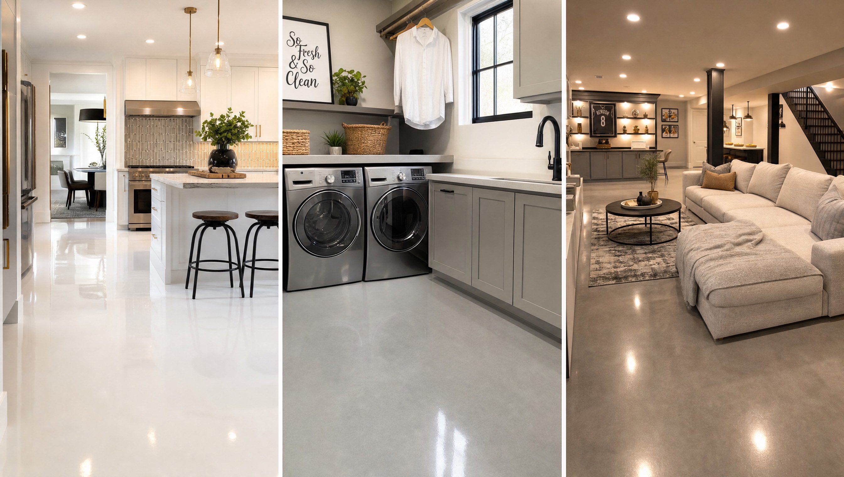 Modern Nashville home showing seamless epoxy floors in kitchen laundry room and basement