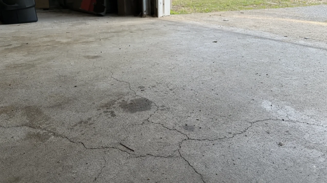 Cracked, dusty, oil-stained bare concrete garage floor in Nashville showing warning signs of failure