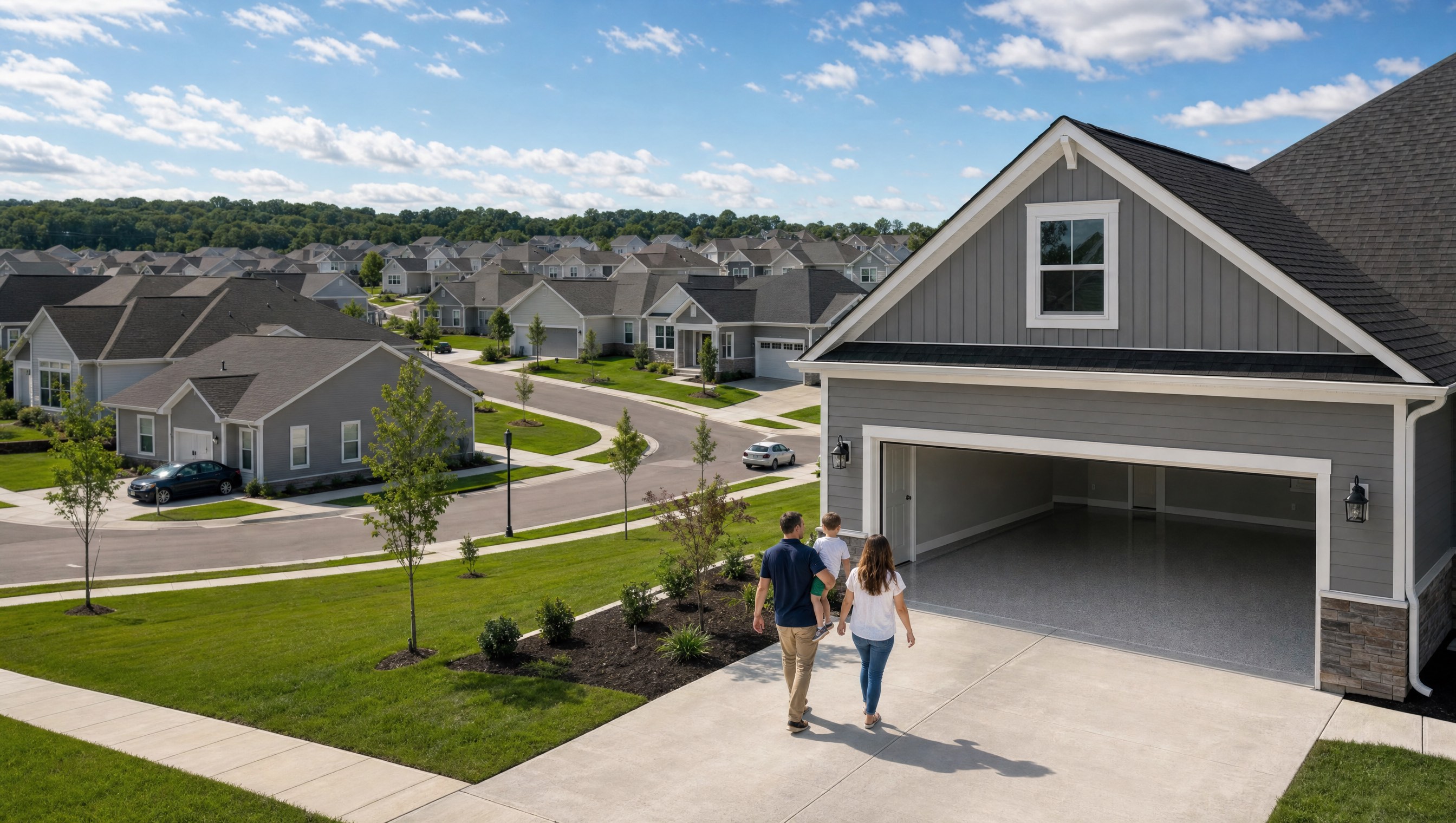 Spring Hill Tennessee new construction subdivision with young family walking toward garage with epoxy floor