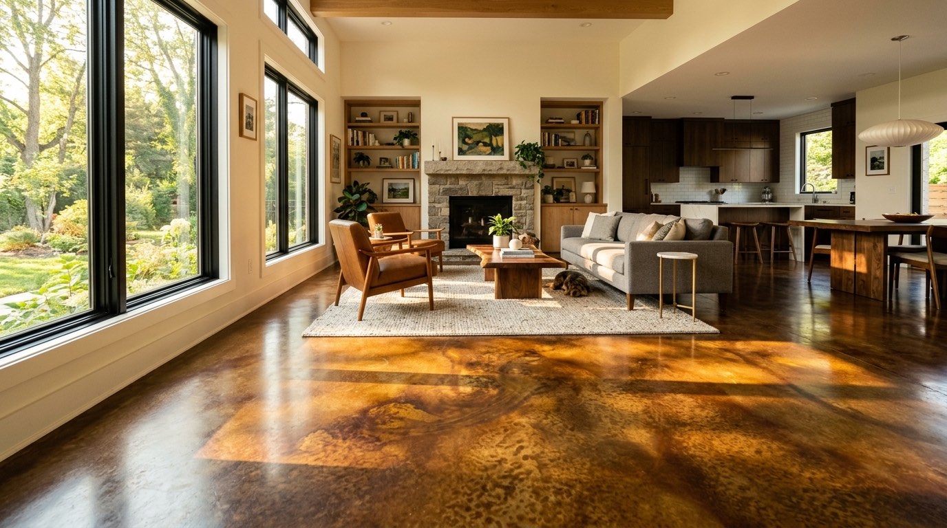 Rich amber acid-stained concrete floor Nashville home warm afternoon sunlight organic mottling pattern